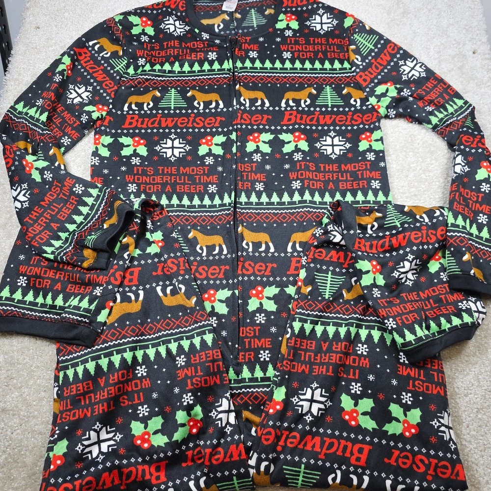 Budweiser 1 Pce Pajamas Mens L‎ Black Zip Up Beer Christmas Clydesdale Sleepwear